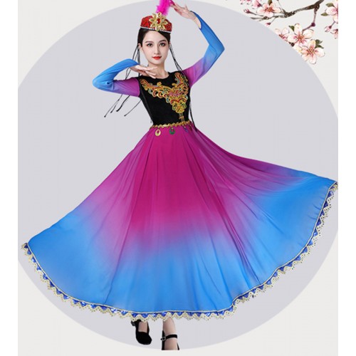 Royal blue with purple Xinjiang dance Dress for women Chinese minority ethnic folk dance style stage performance costume big swing skirt Uyghur performance dress